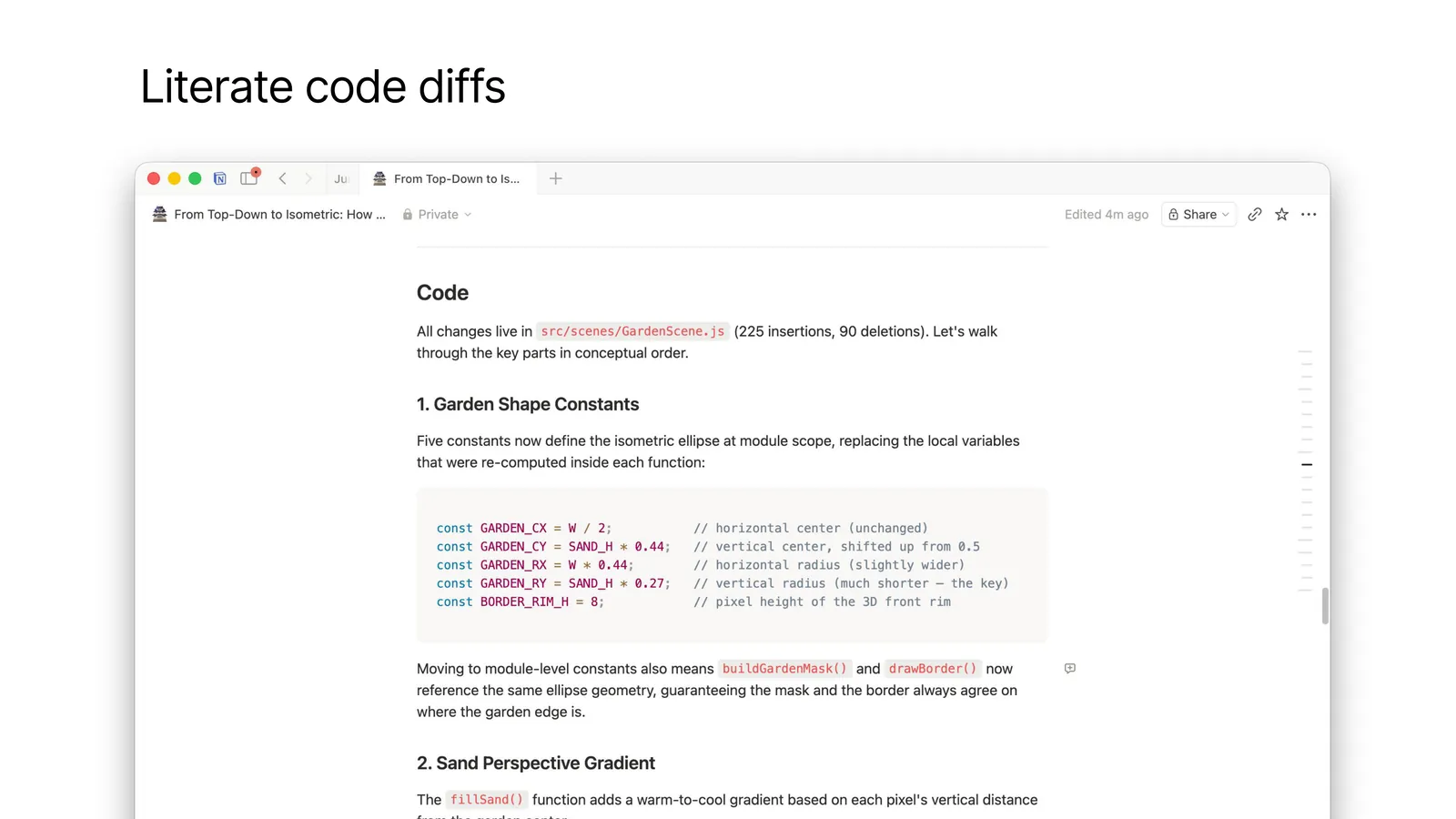 原始 diff 与按叙事结构组织的「文学化 diff」对比。