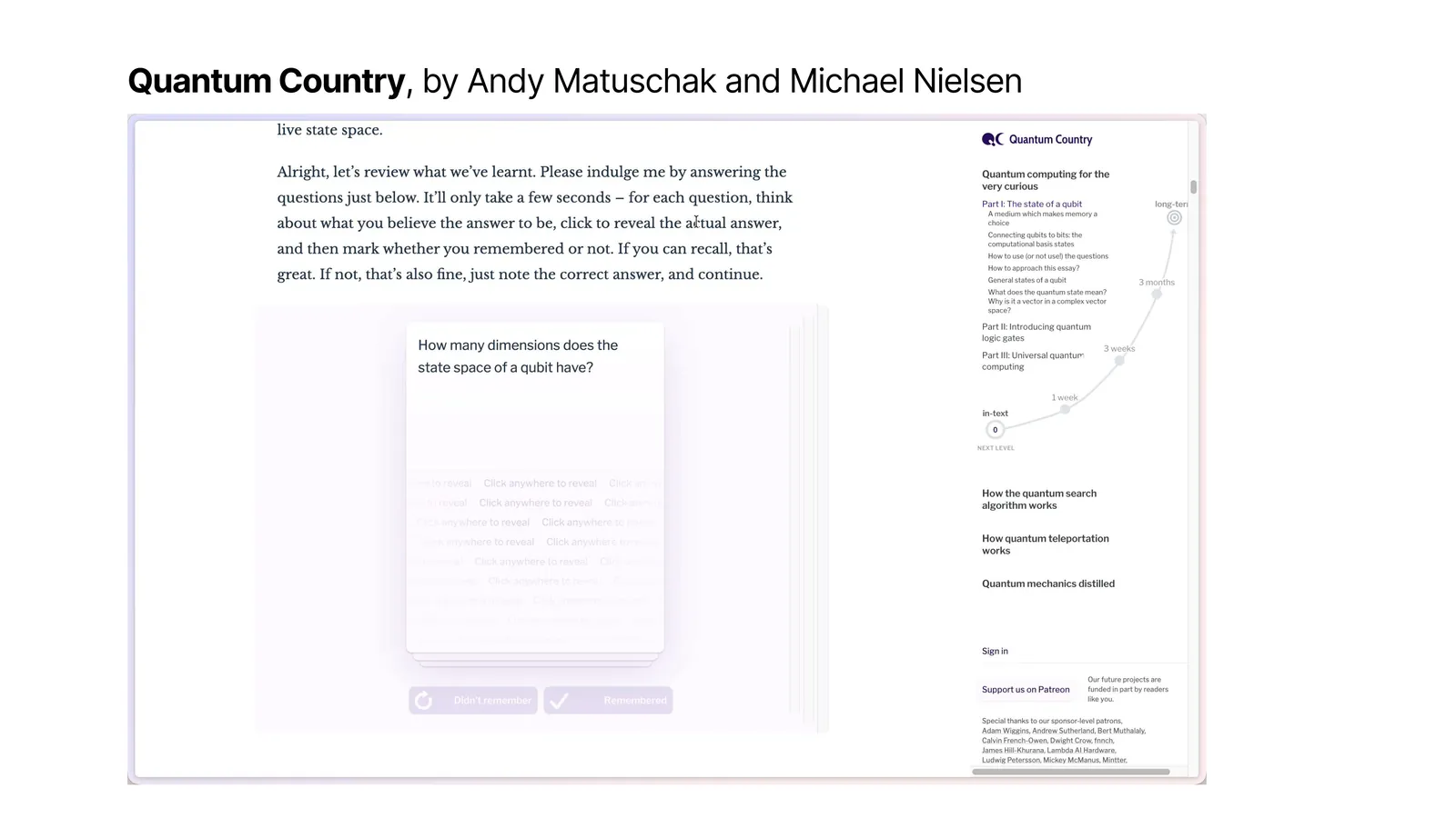 Andy Matuschak 的观点：「书不起作用」；以及 Quantum Country 截图。